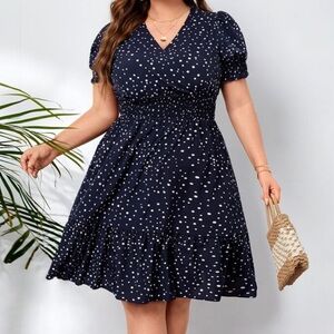SHEIN Plus Polka Dot Print Shirred Waist Dress - Navy Blue - 2XL